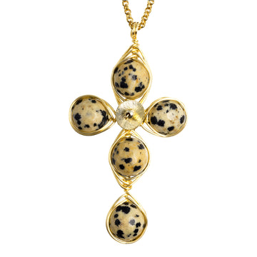 Dalmatian Jasper cross necklace in gold wire with 14K gold-filled chain. The Nurture Cross Pendant  Necklace.