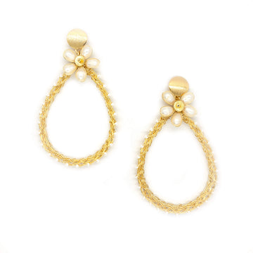 Darlene teardrop Earrings are 3 inches long. Gold and White earrings. Handmade with non-tarnish gold plated wire, seed Beads, and freshwater Pearl. Beaded Wire wrapped Earrings.
