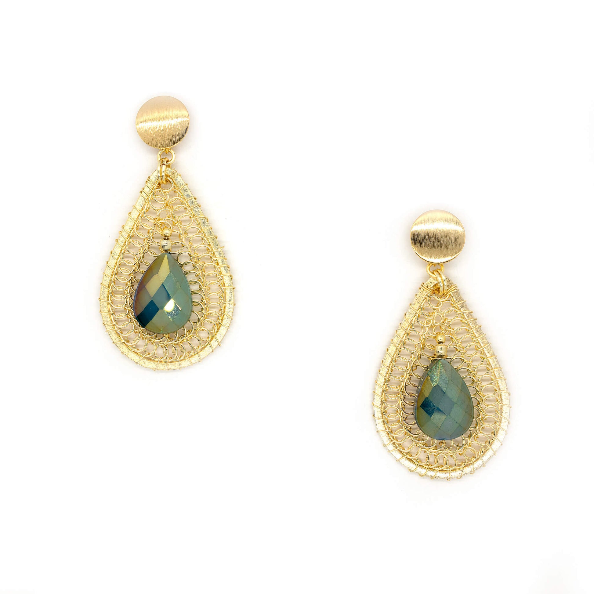 Devasshree dangle Earrings are 2.5 inches long. Gold and Green earrings. Handmade with non-tarnish gold plated wire and Crystal Beads. Teardrop wire wrapped Earrings.