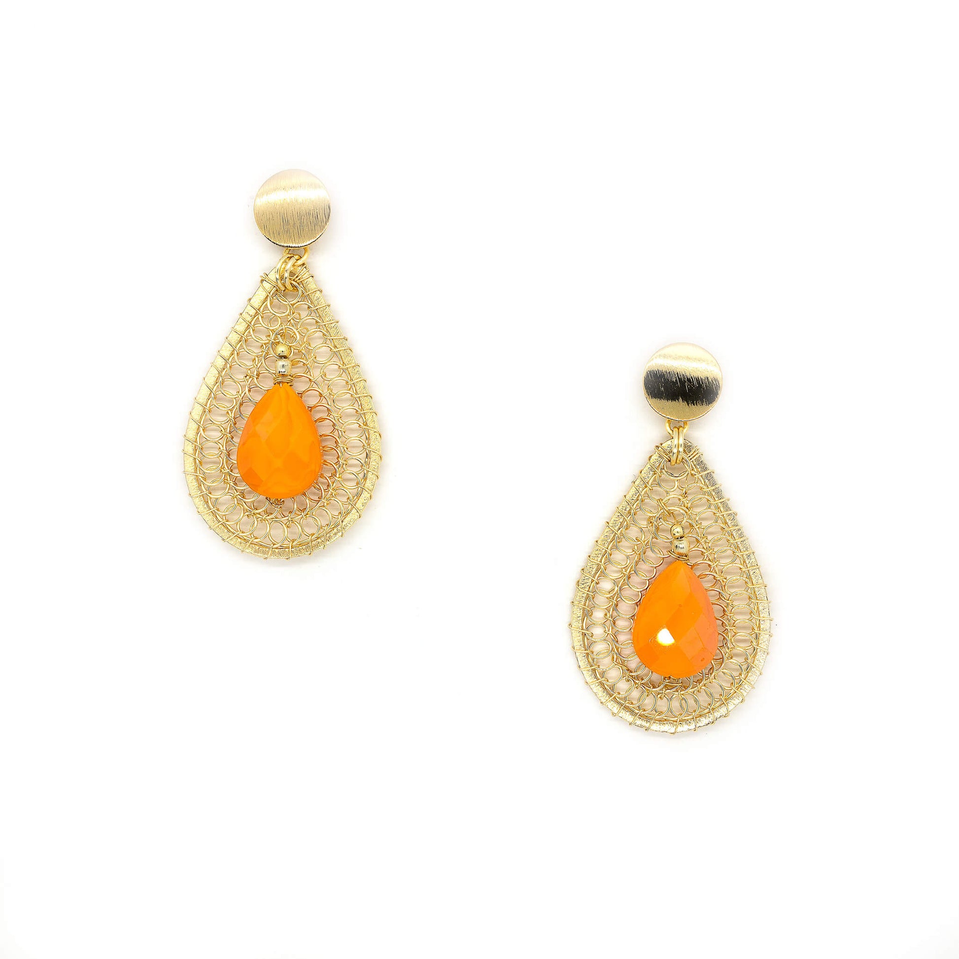 Devasshree dangle Earrings are 2.5 inches long. Gold and Orange earrings. Handmade with non-tarnish gold plated wire and Crystal Beads. Teardrop wire wrapped Earrings.