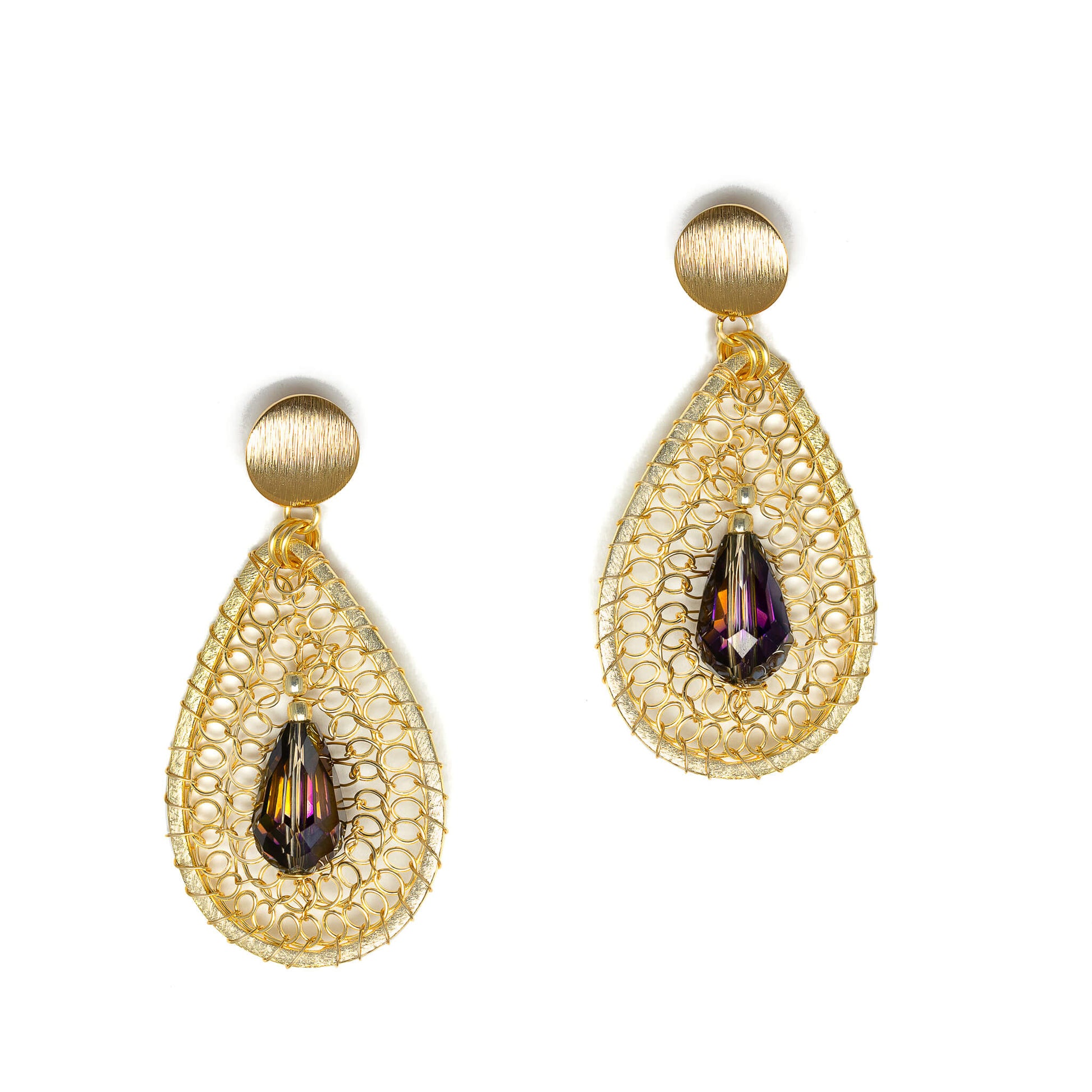 Devasshree dangle Earrings are 2.5 inches long. Gold and Purple earrings. Handmade with non-tarnish gold plated wire and Crystal Beads. Teardrop wire wrapped Earrings.