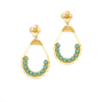 Emma teardrop Earrings are 3 inches long. Gold and Aqua earrings Handmade with faceted Beads Crystals, gold-plated wire, and a metal frame. Beaded earrings for women