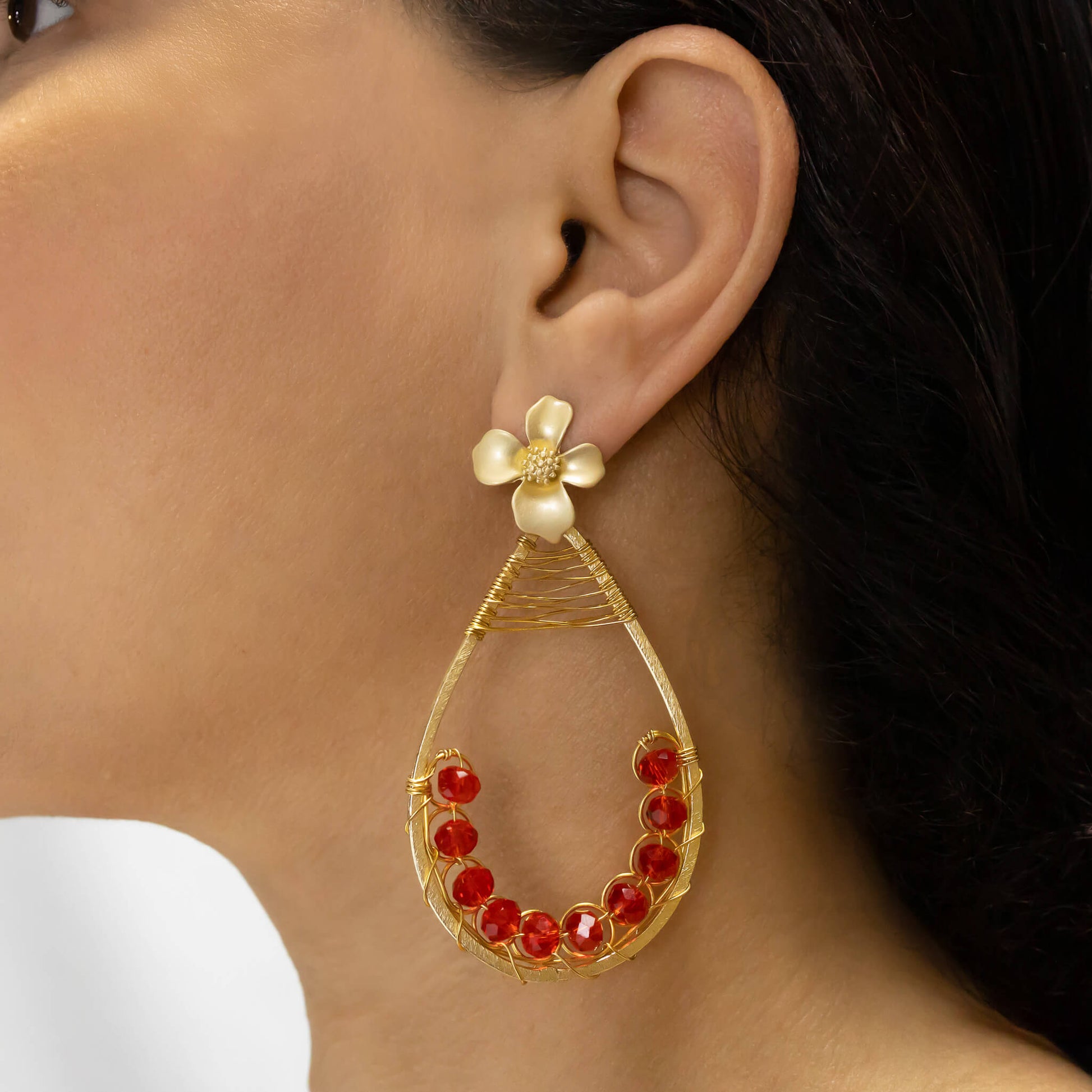 Emma Earrings on a model. Gold Color Earrings with Crystal Beads. Flower Stud Earrings. Metal Frame & Wire Wrapped Earrings