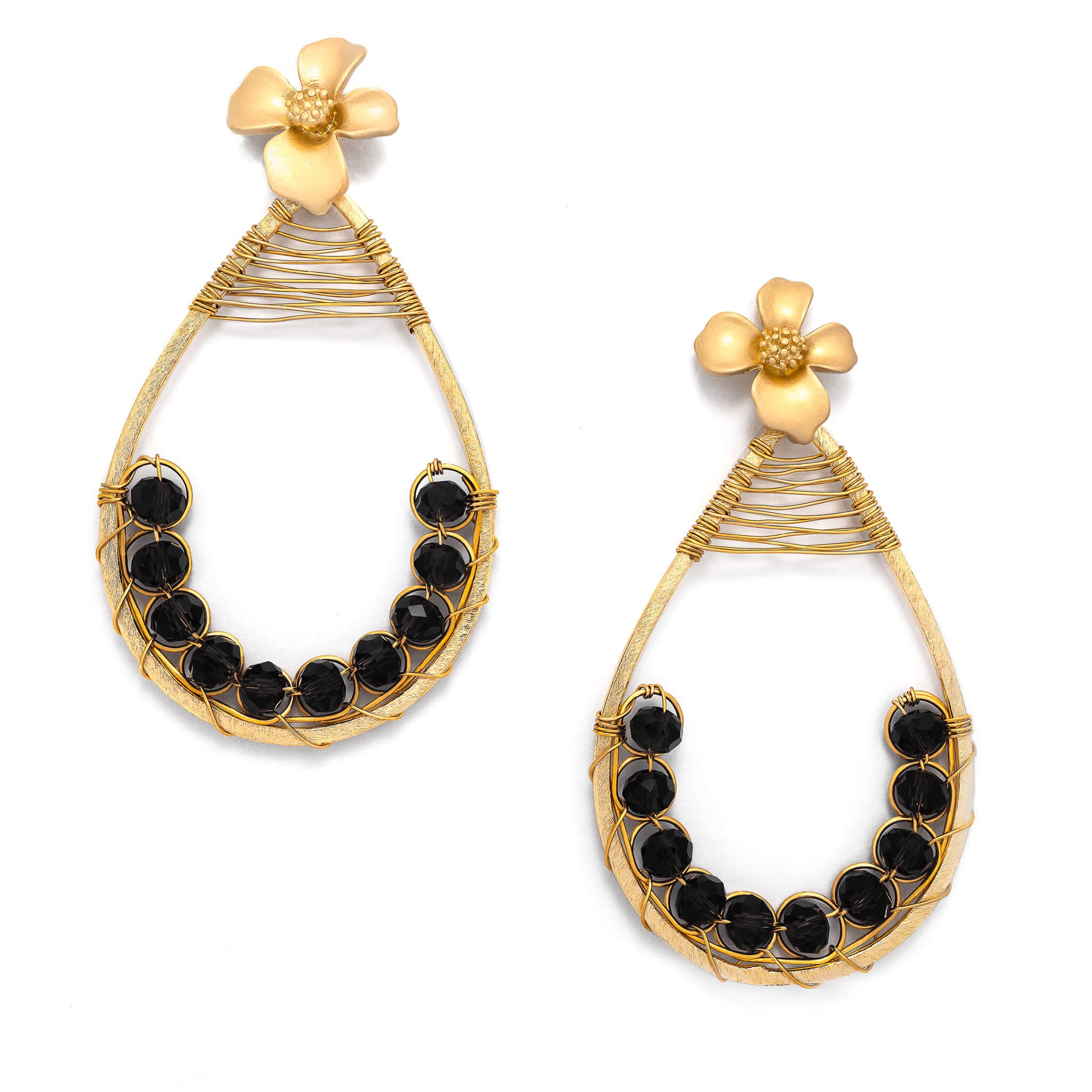 Emma teardrop Earrings are 3 inches long. Gold and Black earrings Handmade with faceted Beads Crystals, gold-plated wire, and a metal frame. Beaded earrings for women