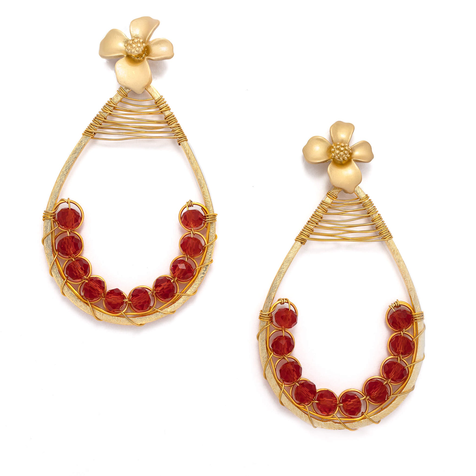Emma teardrop Earrings are 3 inches long. Gold and Red earrings Handmade with faceted Beads Crystals, gold-plated wire, and a metal frame. Beaded earrings for women