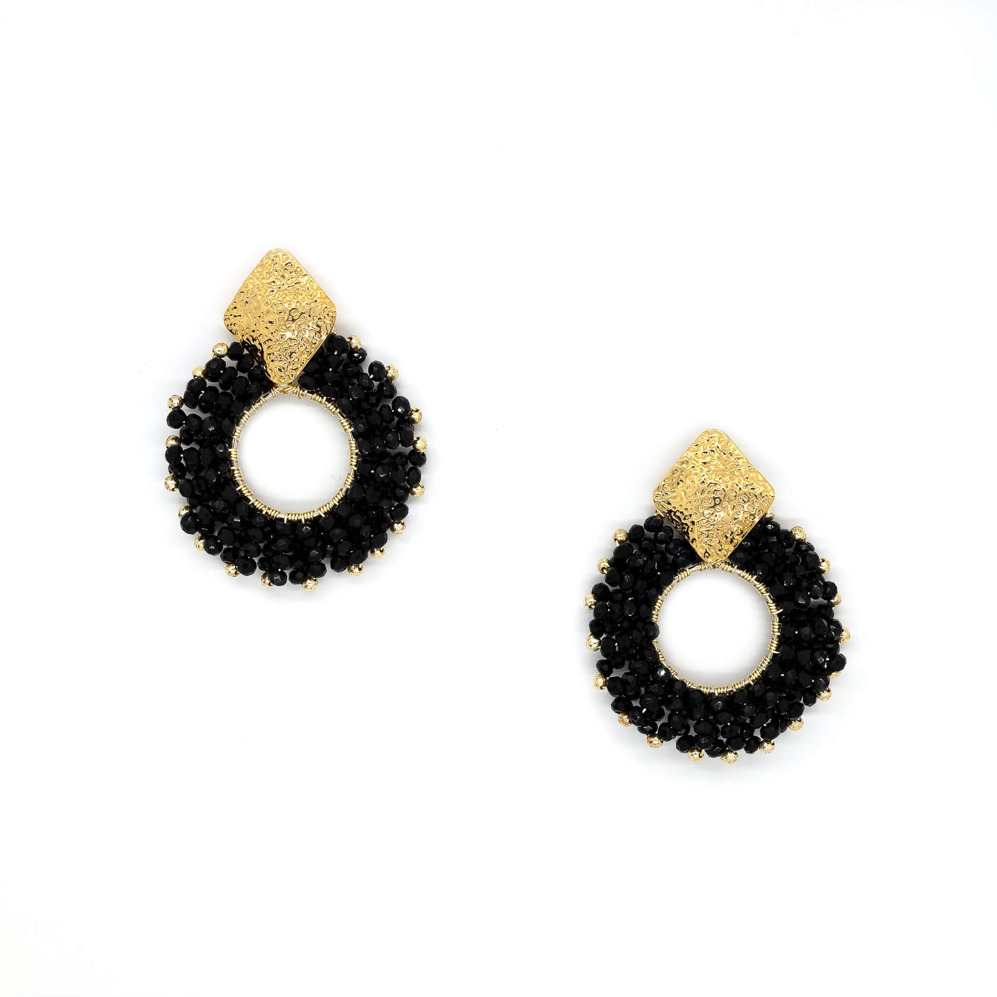 The Evry stud Earrings are 2 inches long. Gold and Black Earrings. Lightweight and comfortable simple earrings. Handmade for women. Gold beaded earrings