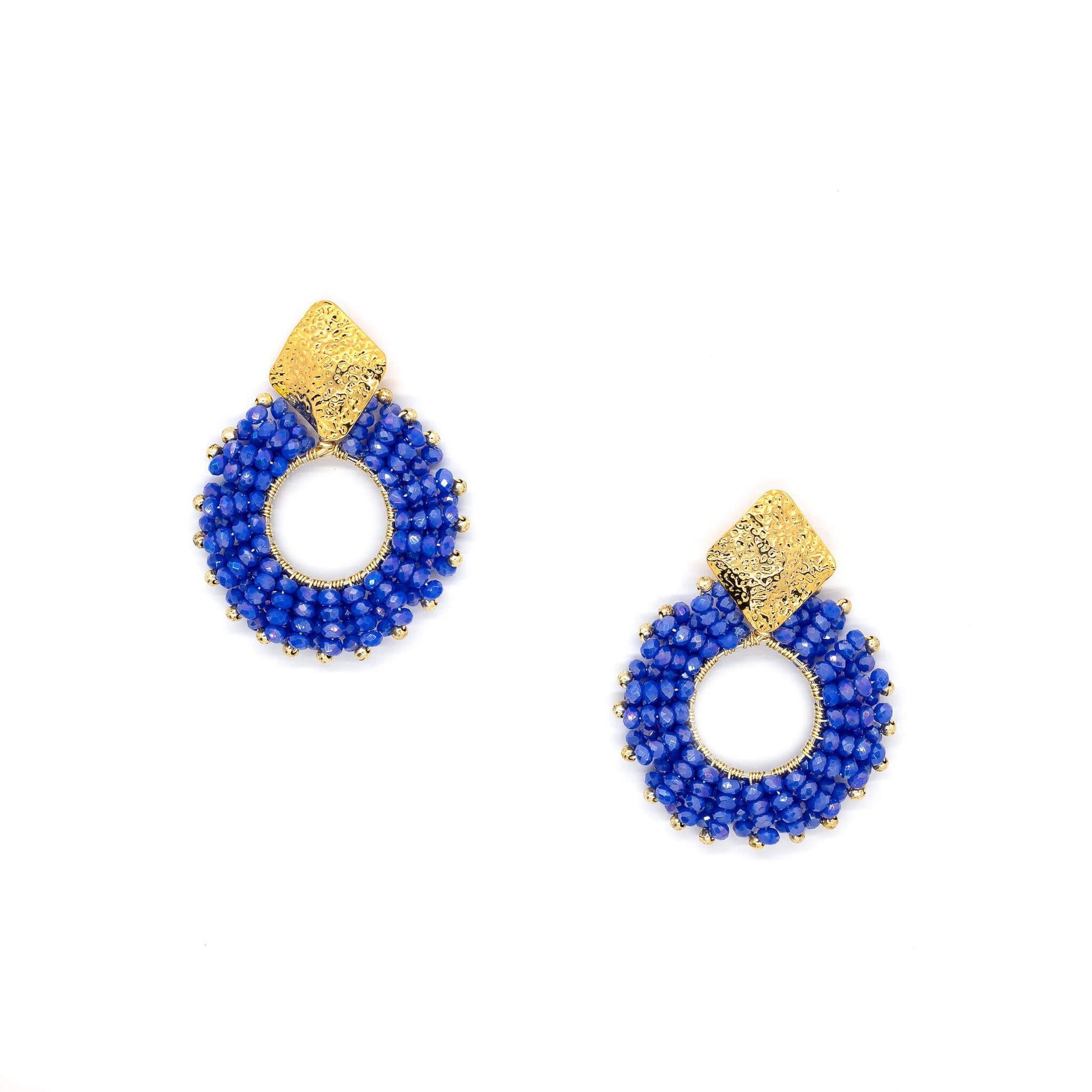 The Evry stud Earrings are 2 inches long. Gold and Blue Earrings. Lightweight and comfortable simple earrings. Handmade for women. Gold beaded earrings