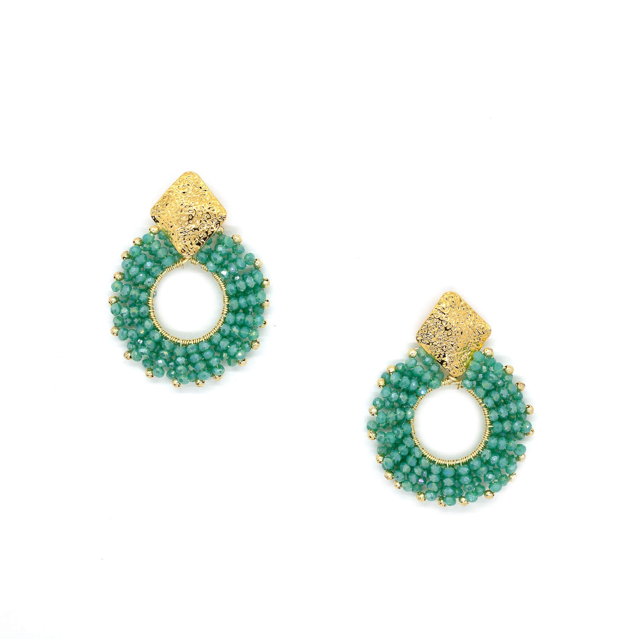 Seed bead earrings, gold square studs earrings, earrings with seed beads. The Evry earrings in Emerald Green.