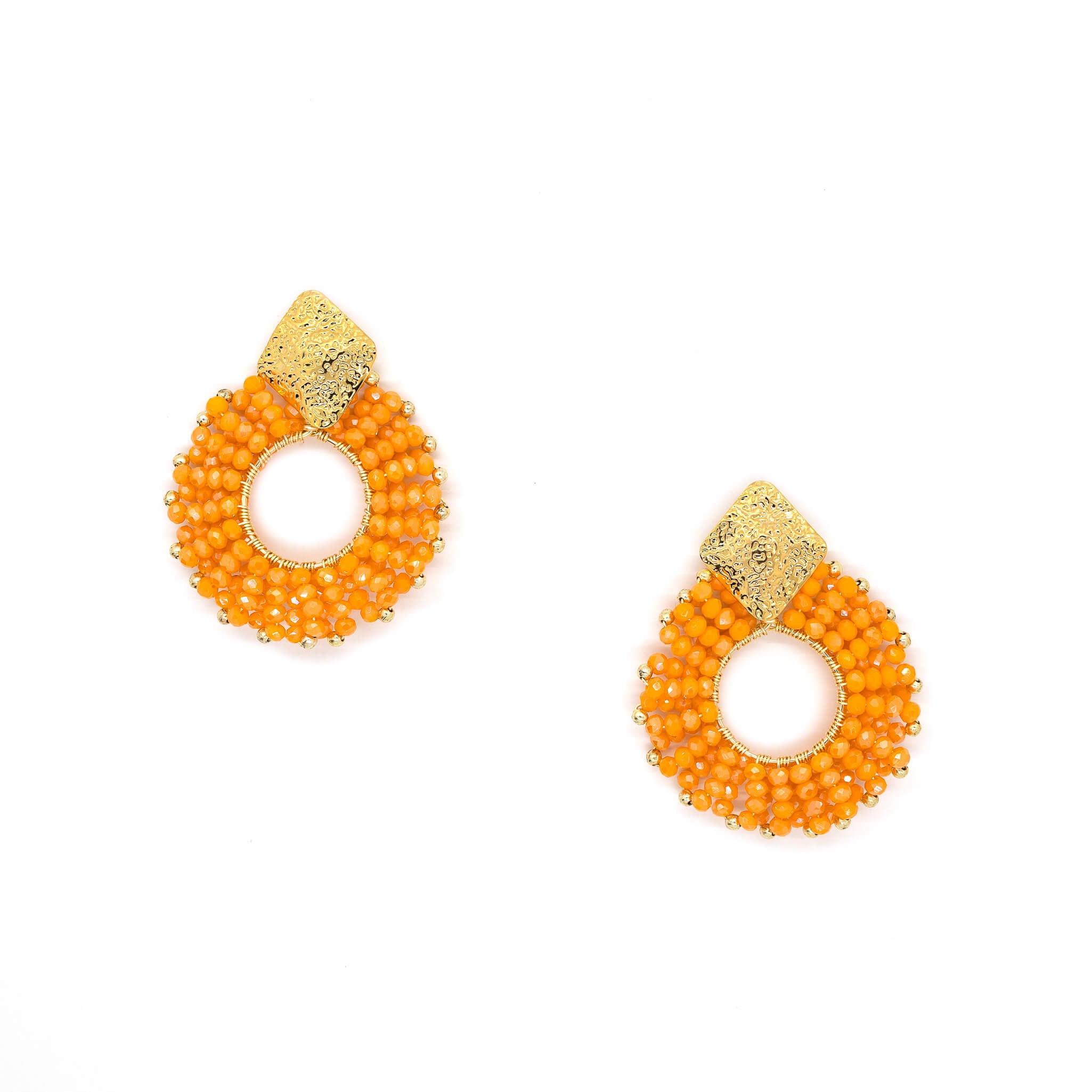 Seed bead earrings, gold square studs earrings, earrings with seed beads. The Evry earrings in Orange.