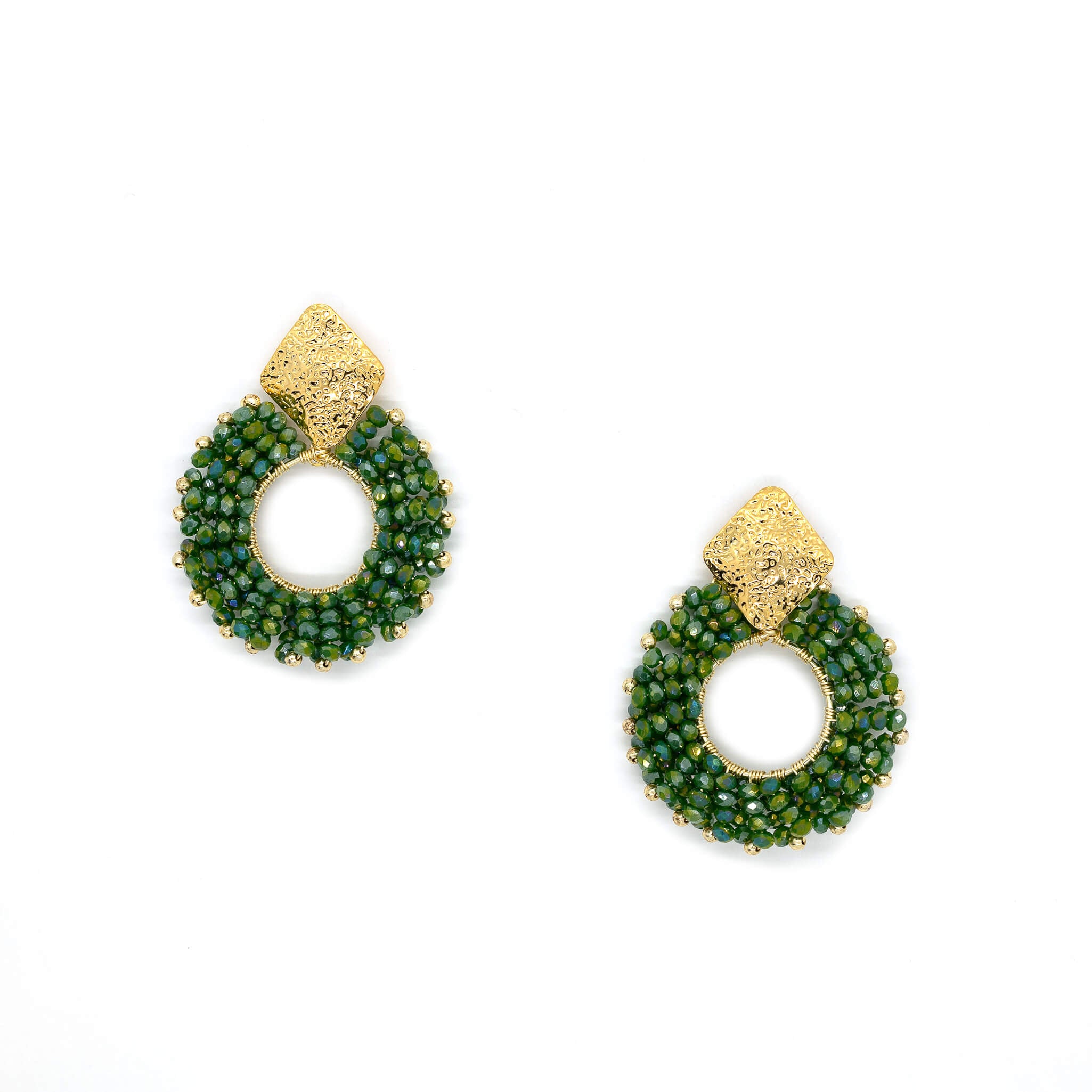 Seed bead earrings, gold square studs earrings, earrings with seed beads. The Evry earrings in Forest Green.