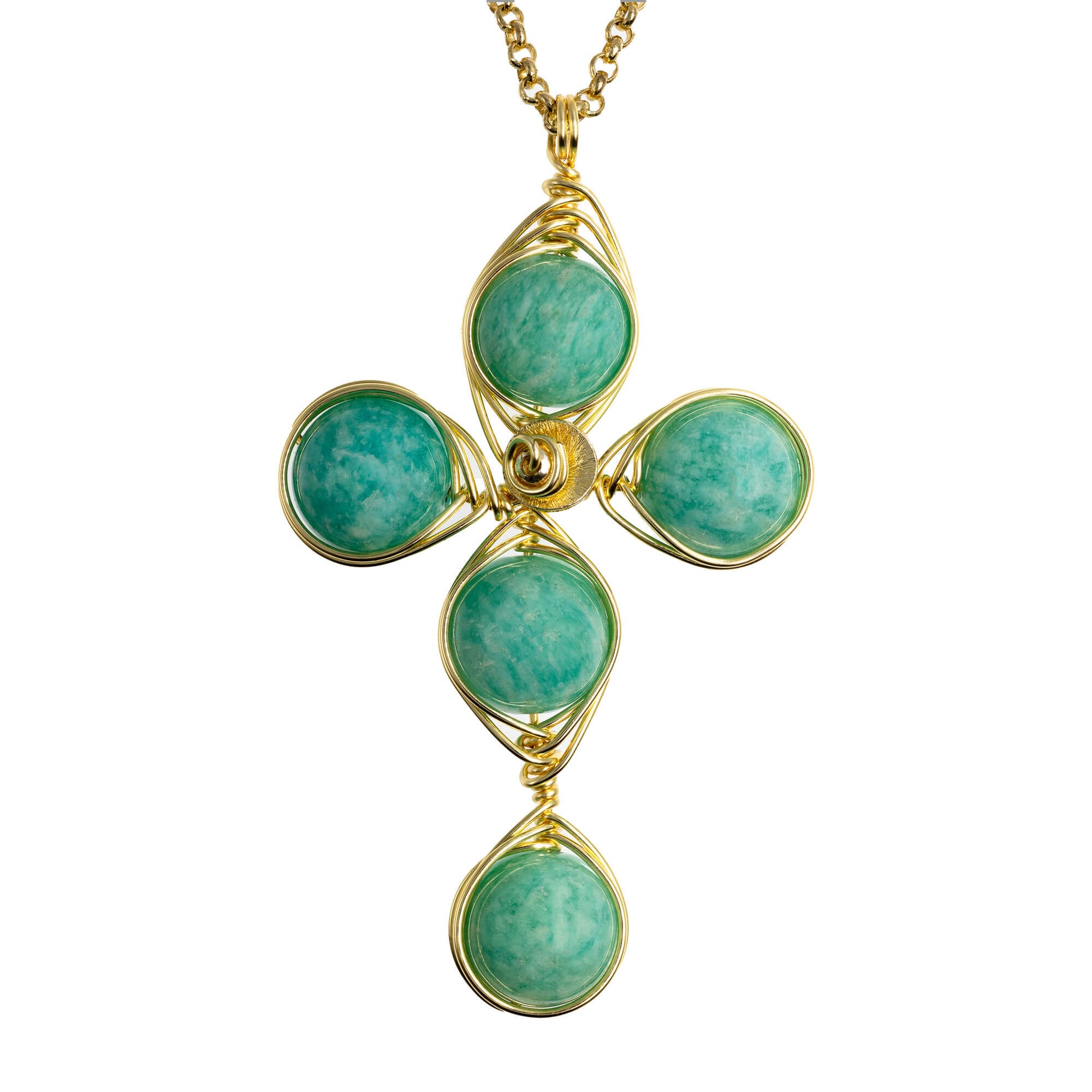 Independence Cross Pendant Necklace is 2.5 inches long on a 16 inches 22K gold plated chain. Handmade with Non-tarnish gold plated wire and Polished Amazonite Beads. Gold and clear minimalist Wired Wrapped Cross.