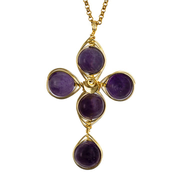 Calm Cross Pendant Necklace is 2.5 inches long on a 16 inches 22K gold plated chain. Handmade with Non-tarnish gold plated wire and Polished Amethyst Beads. Gold and Purple minimalist Wired Wrapped Cross.