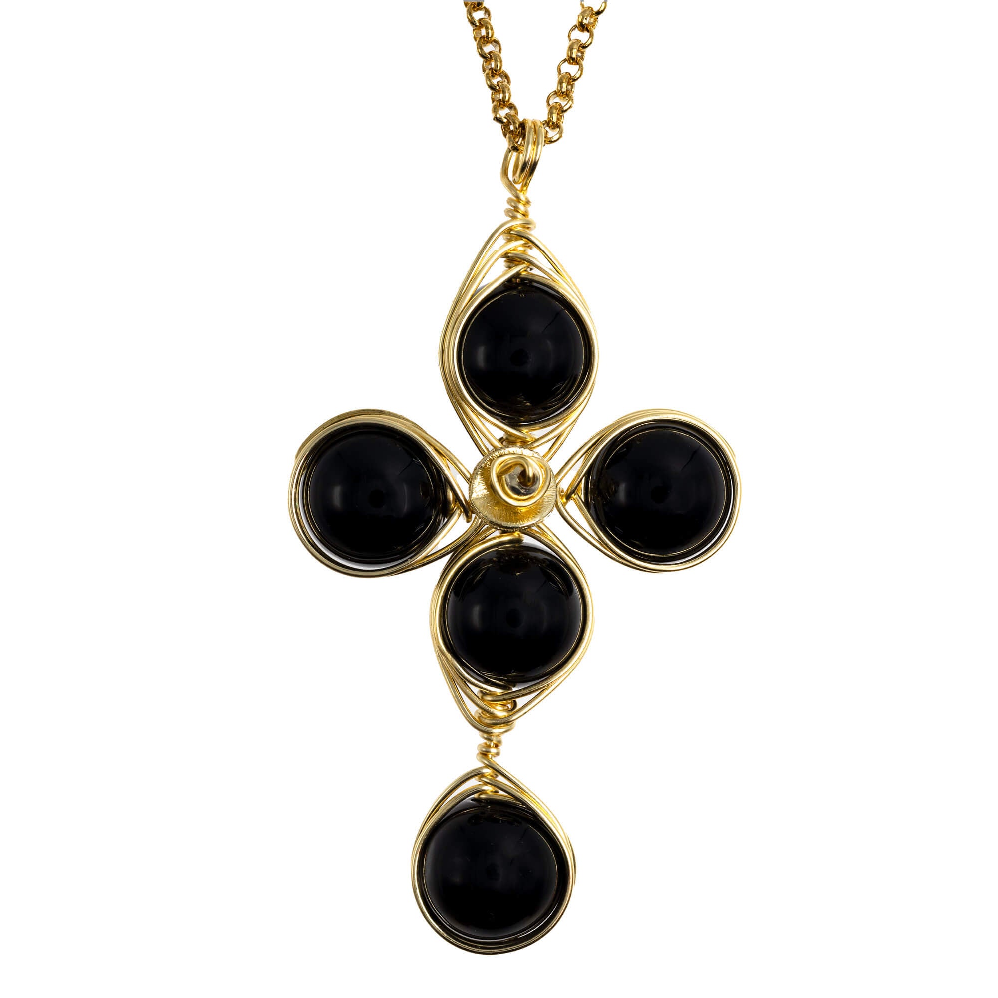 Self confidence Cross Pendant Necklace is 2.5 inches long on a 16 inches 22K gold plated chain. Handmade with Non-tarnish gold plated wire and Polished Black Onyx Beads. Gold and black minimalist Wired Wrapped Cross.