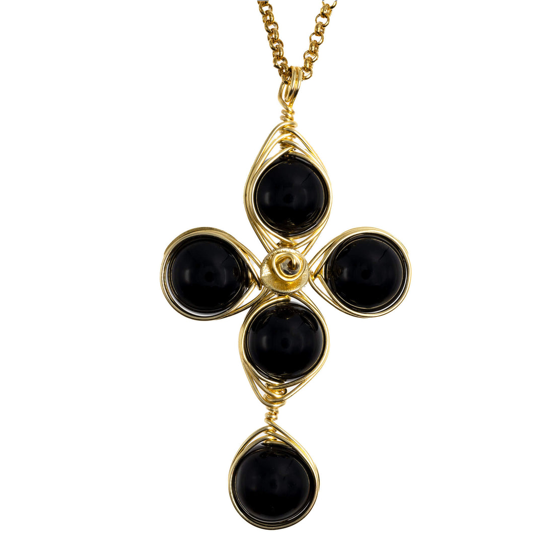 Self confidence Cross Pendant Necklace is 2.5 inches long on a 16 inches 22K gold plated chain. Handmade with Non-tarnish gold plated wire and Polished Black Onyx Beads. Gold and black minimalist Wired Wrapped Cross.