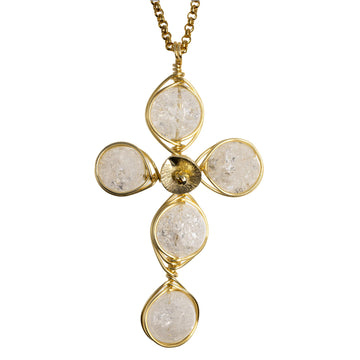 Balance Cross Pendant Necklace is 2.5 inches long on a 16 inches 22K gold plated chain. Handmade with Non-tarnish gold plated wire and Polished Crackled Quartz Beads. Gold and clear minimalist Wired Wrapped Cross