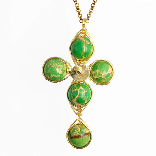 Stability Cross Pendant Necklace-Green Imperial Jasper Beads Fashion Cross