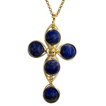 Intuition Cross Pendant Necklace is 2.5 inches long on a 16 inches 22K gold plated chain. Handmade with Non-tarnish gold plated wire and Polished Lapis Lazuli Beads. Gold and blue minimalist Wired Wrapped Cross.