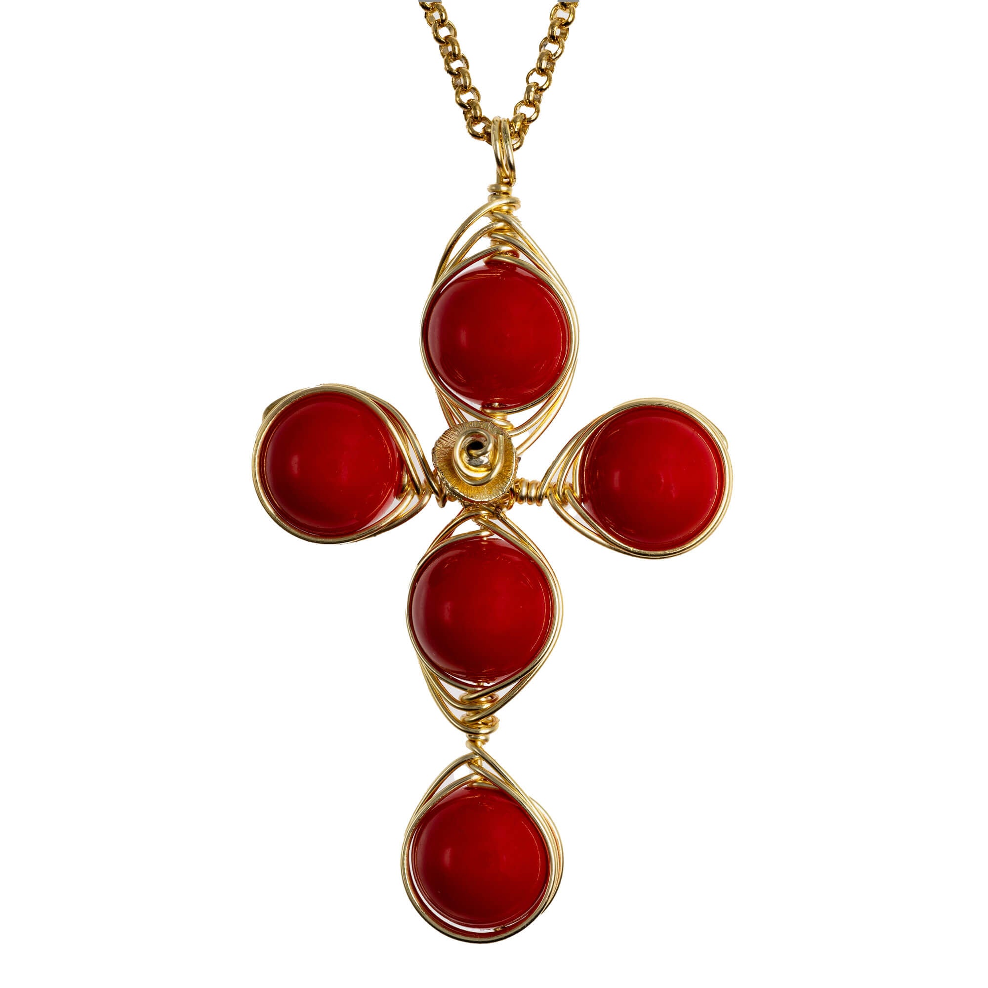 Magic Rouge Cross Pendant Necklace is 2.5 inches long on a 16 inches 22K gold plated chain. Handmade with Non-tarnish gold plated wire and Polished Red Dyed Shells Beads. Gold and red minimalist Wired Wrapped Cross.