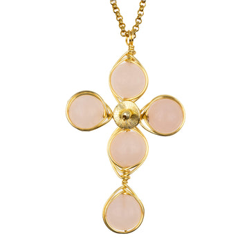 Love Cross Pendant Necklace is 2.5 inches long on a 16 inches 22K gold plated chain. Handmade with Non-tarnish gold plated wire and Polished Rose Quartz Beads. Gold and pink minimalist Wired Wrapped Cross