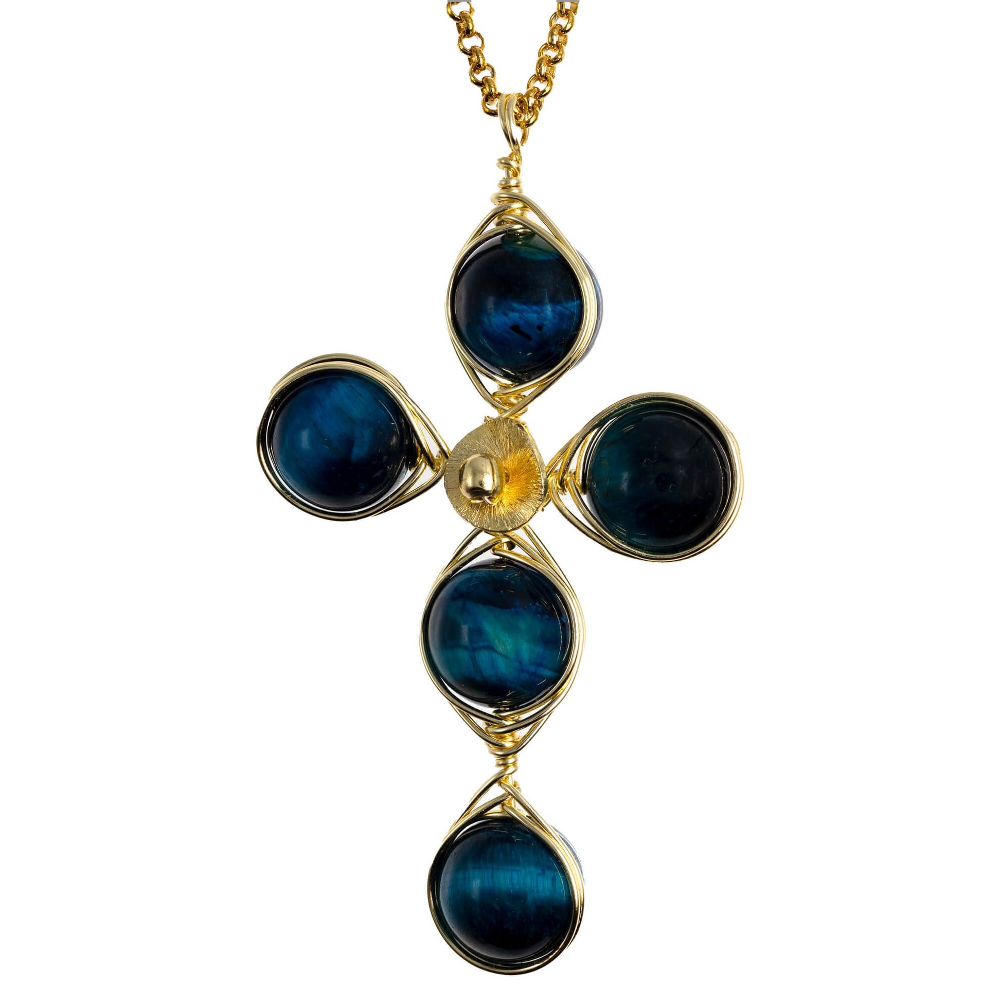 Encourage Cross Pendant Necklace is 2.5 inches long on a 16 inches 22K gold plated chain. Handmade with Non-tarnish gold plated wire and Polished Brown Tiger Eye Beads. Gold and Blue minimalist Wired Wrapped Cross.