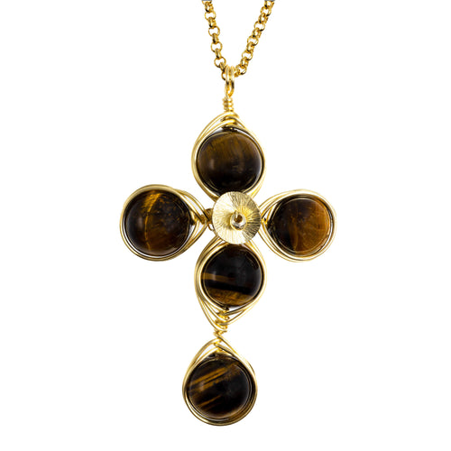 Encourage Pendant Cross Necklace-Brown Tiger Eye Beads Fashion Cross