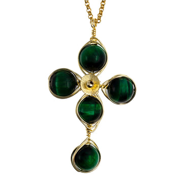 Encourage Cross Pendant Necklace is 2.5 inches long on a 16 inches 22K gold plated chain. Handmade with Non-tarnish gold plated wire and Polished Brown Tiger Eye Beads. Gold and Green minimalist Wired Wrapped Cross.