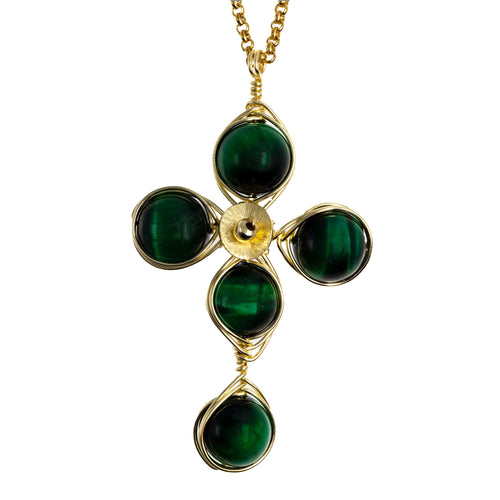 Encourage Pendant Cross Necklace-Green Tiger Eye Beads fashion Cross