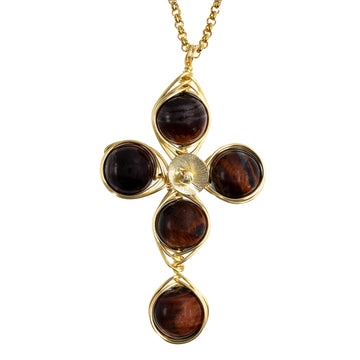 Confidence Cross Pendant Necklace is 2.5 inches long on a 16 inches 22K gold plated chain. Handmade with Non-tarnish gold plated wire and Polished Red Tiger Eye Beads. Gold and Reddish-brown minimalist Wired Wrapped Cross.
