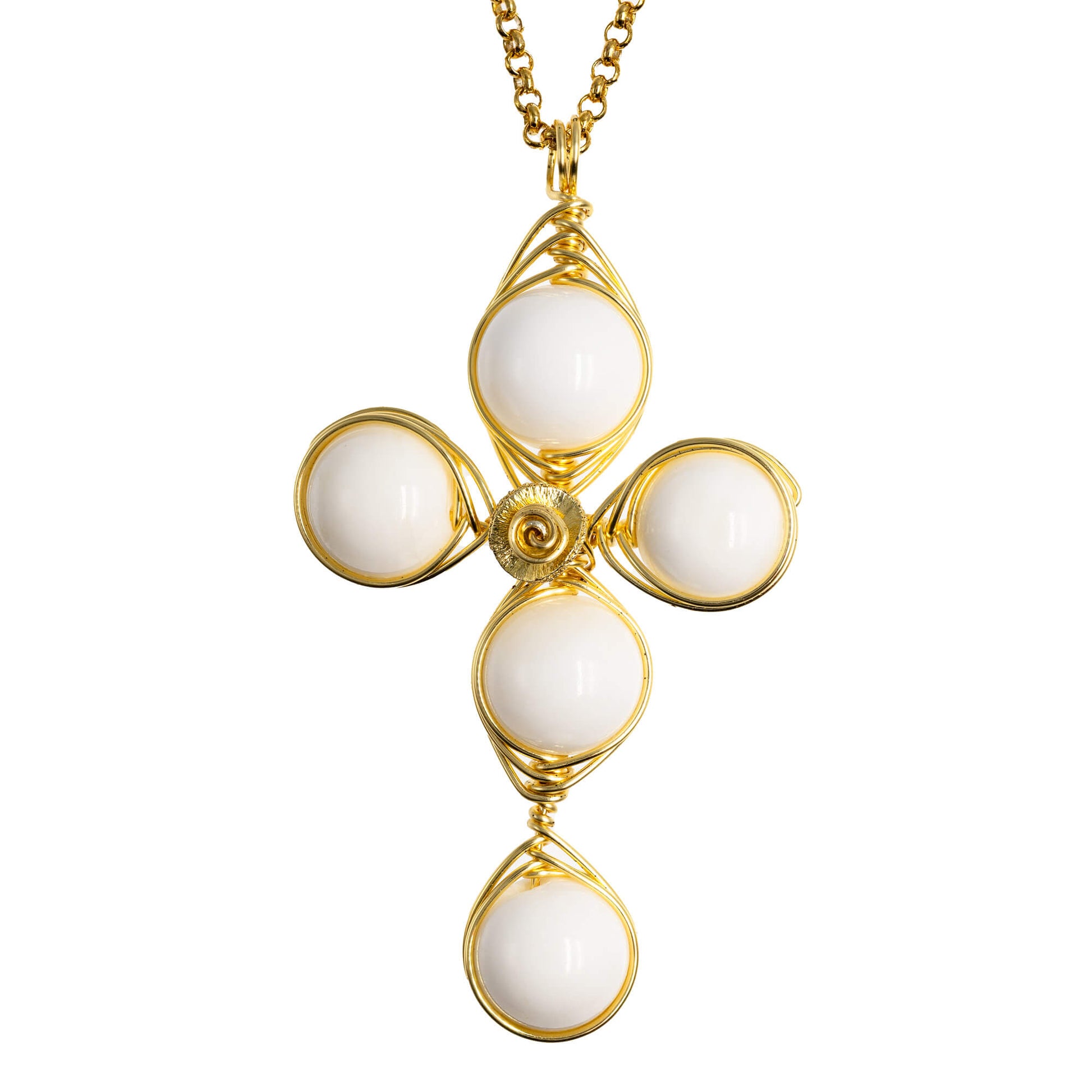 Magic Cross Pendant Necklace is 2.5 inches long on a 16 inches 22K gold plated chain. Handmade with Non-tarnish gold plated wire and Polished White Shells Beads. Gold and white minimalist Wired Wrapped Cross.