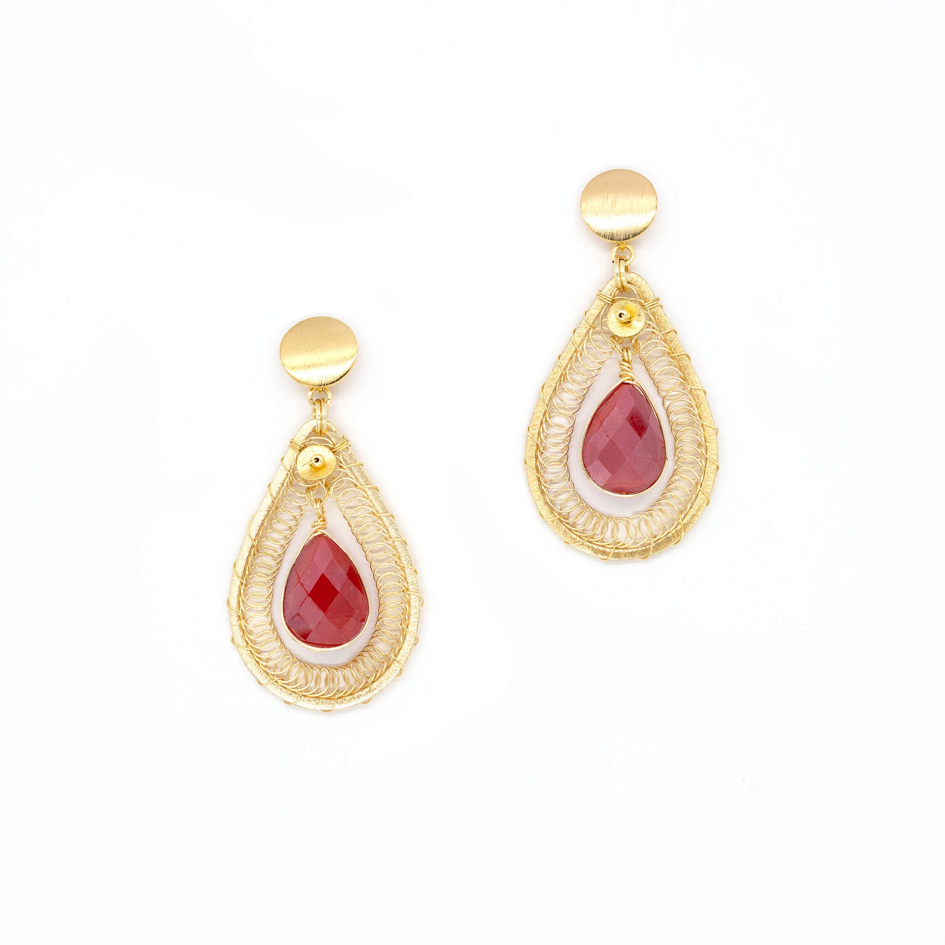 The Ganika teardrop Earrings are 2.25 inches long, Gold and Red Earrings. Wire Wrapped Earrings. Handmade Gold dangle earrings. Feature gold-plated wire and faceted crystal beads.