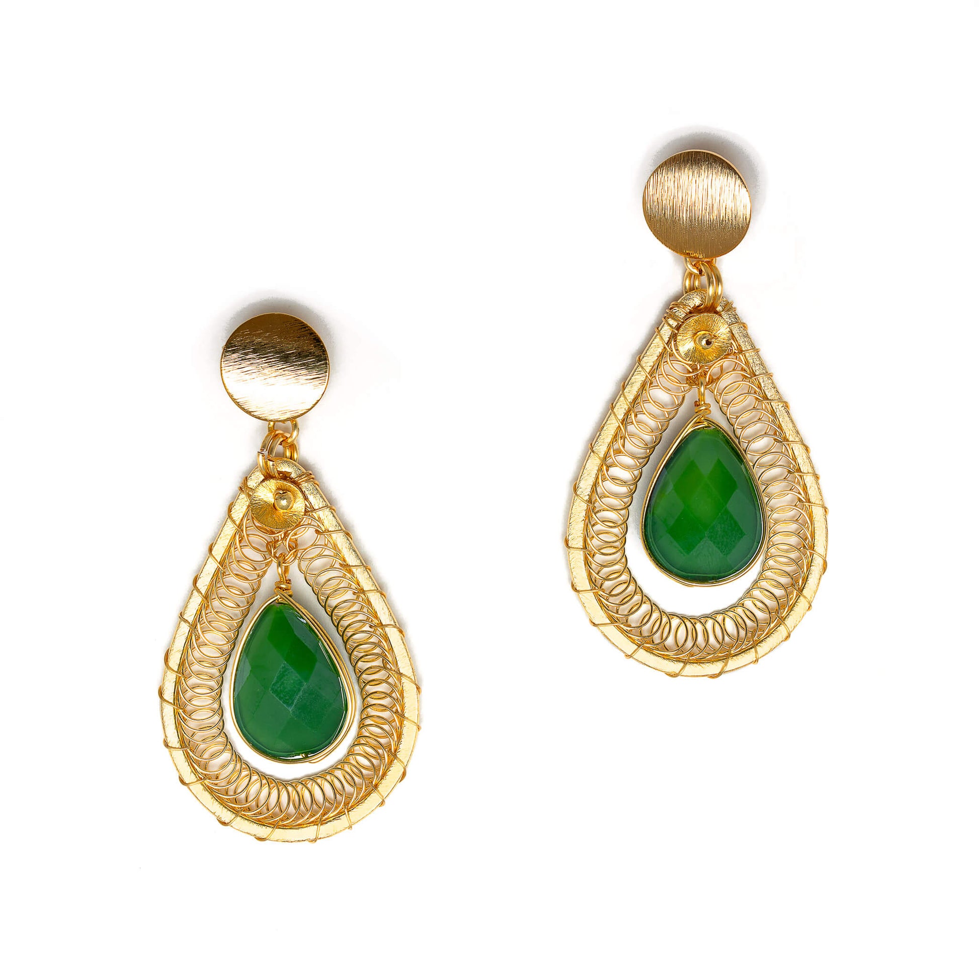 The Ganika teardrop Earrings are 2.25 inches long, Gold and Green Earrings. Wire Wrapped Earrings. Handmade Gold dangle earrings. Feature gold-plated wire and faceted crystal beads.