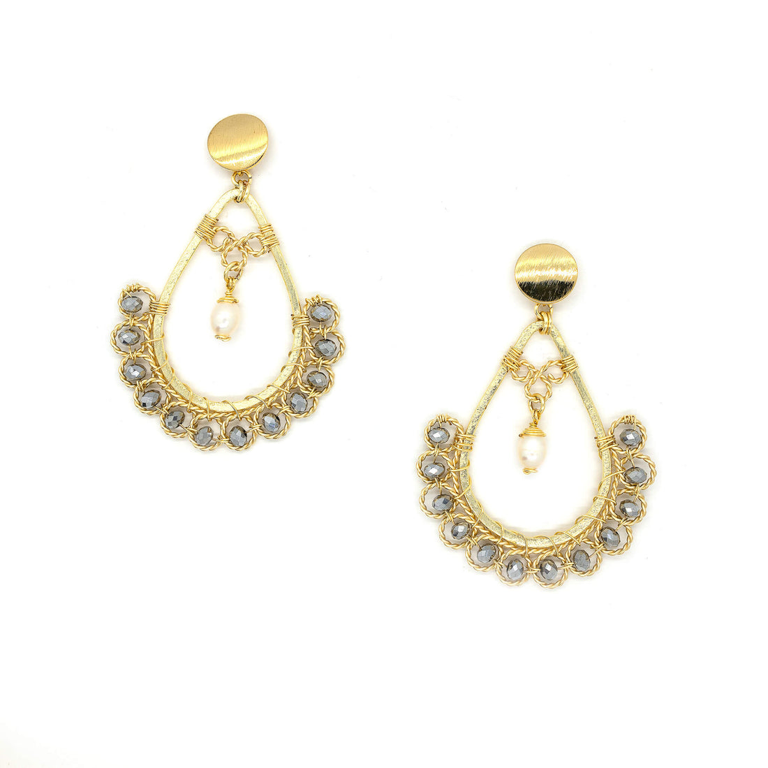 Gold Teardrop Earrings-Amara  Earrings Silver- Stud dangle earrings. 2.75 inches long x 1.75 Wide. Handmade with Faceted Crystal beads 18K Gold-plated wire, and freshwater pearls. Wire Wrapped Earrings.
