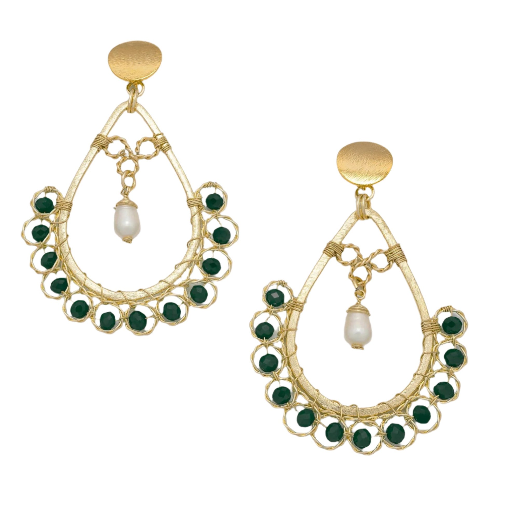 Gold Teardrop Earrings-Amara  Earrings Green- Stud dangle earrings. 2.75 inches long x 1.75 Wide. Handmade with Faceted Crystal beads 18K Gold-plated wire, and freshwater pearls. Wire Wrapped Earrings.