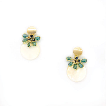 The grace Earrings are 1.5 inches long. Gold, White, Blue and Green earrings. These Beaded stud Earrings are Handmade with non-tarnish gold plated wire, Rice grain crystal beads, and a mother pearl disc. Simple Earrings.