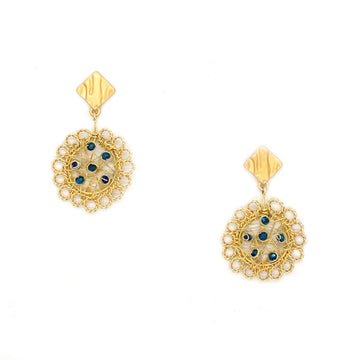 The Haimi Earrings are 2 inches long. Gold and Metallic blue earrings. These Beaded stud Earrings are Handmade with non-tarnish gold plated wire and crystal beads. Simple Earrings.