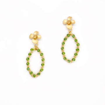 The Hannah Earrings are almost 3 inches long, Gold and Green Earrings. Wire Wrapped Earrings. Minimal and simple earrings. Flower earrings.