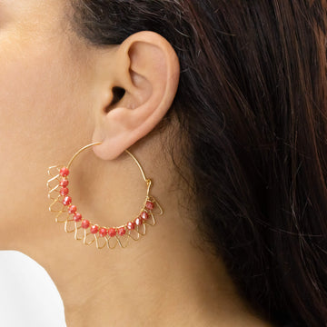 Padua Hoop Earrings on a model. Gold Color Wire with Crystal Beads. Wire Wrapped Earrings.