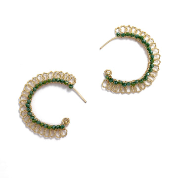 Bari Hoop Earrings are 2 inches long, Gold and Green Earrings. Wire Wrapped Earrings. Gold Wire earrings. Handmade for women. Open hoop earrings.
