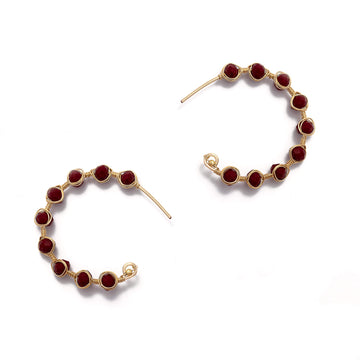 The Novara hoop Earrings are 1.5 inches long. Gold and red earrings. These Beaded wire wrapped earrings are Handmade with non-tarnish wire and faceted crystal beads. They are lightweight and chic.