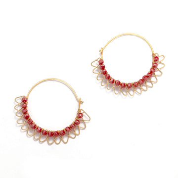 The padua Hoop Earrings are almost 2 inches long, Gold and red Earrings. Wire Wrapped Earrings. Gold Wire earrings. Handmade beaded hoop earrings.