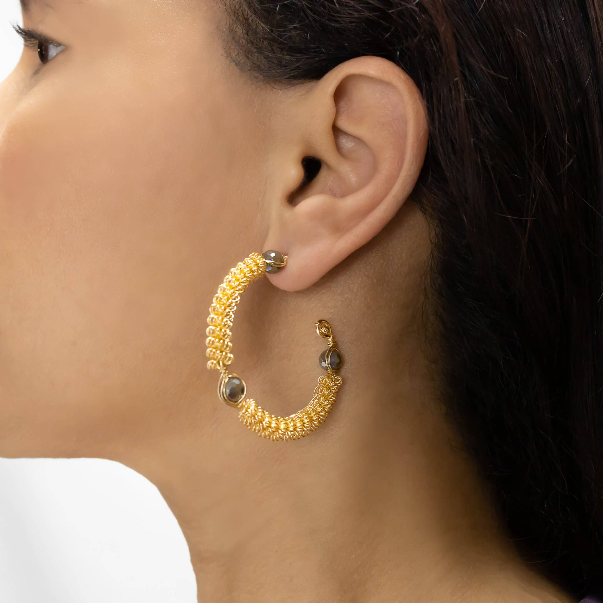 Modena Hoop Earrings on a model. Gold Color Earrings with Brown Crystal Beads . Wire Wrapped Earrings.