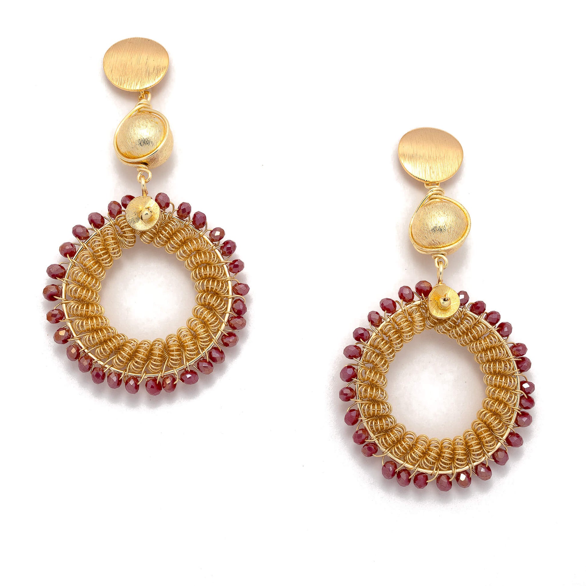 Jalsa Earrings. Gold Color Earrings with Fushia Crystal Seed Beads. Stud Earrings. Metal Frame & Wire Wrapped Earrings