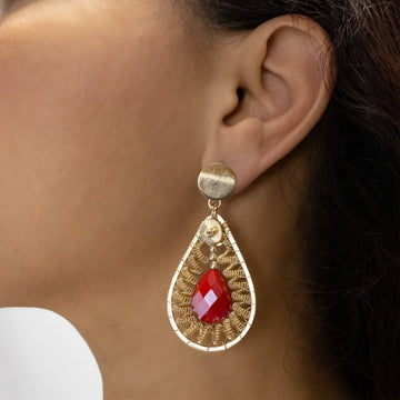Jasmit Earrings on a model. Gold Color Earrings with Crystal Teardrop. Stud Earrings. Metal Frame & Wire Wrapped Earrings