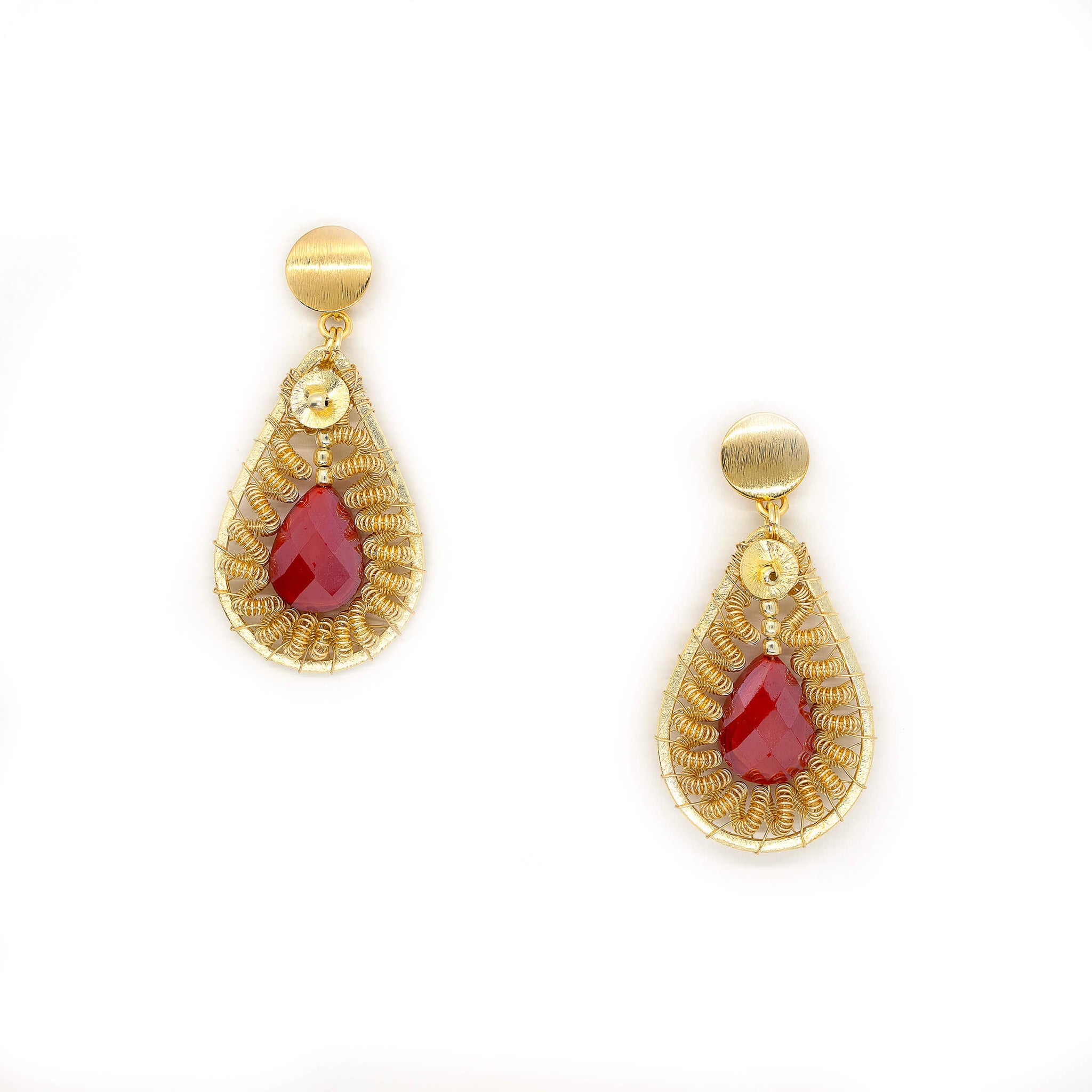 The Jasmit teardrop Earrings are 2 inches long, Gold and red Earrings. Wire Wrapped Earrings. Handmade Gold dangle earrings. Feature gold-plated wire and faceted teardrop crystal beads.