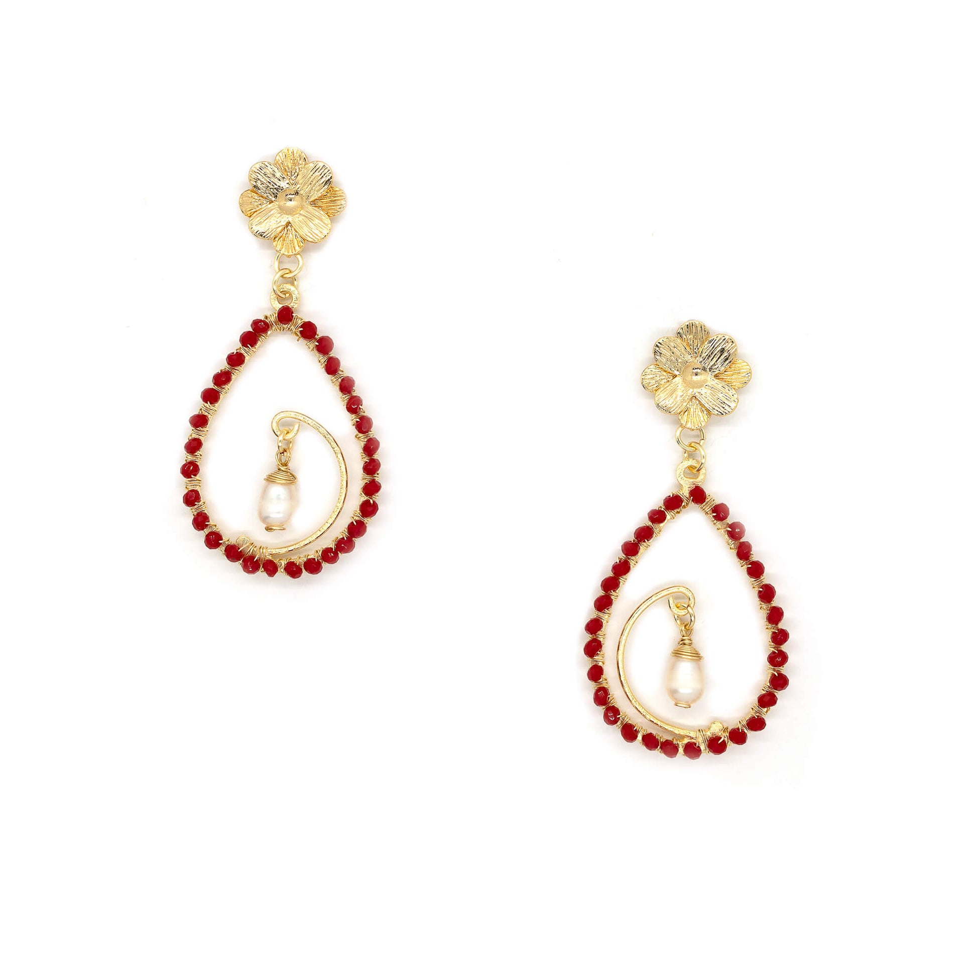 The Nadia earrings are 2.5 inches long. Gold, white and red earrings. These Beaded Teardrop Earrings are Handmade with non-tarnish gold wire, Czech seed bead crystals, and a metal frame. Dangle earrings.