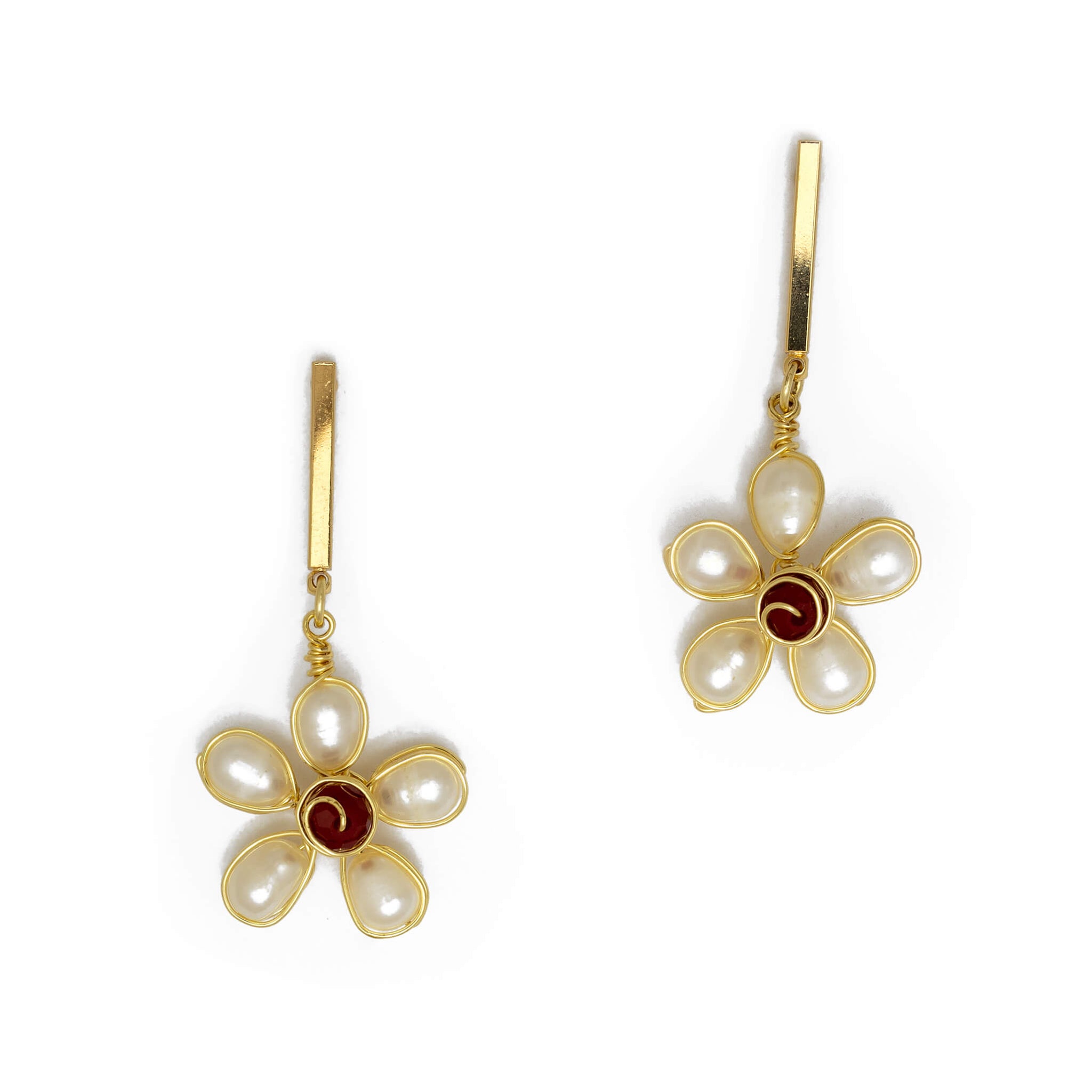 The Sade stud Earrings are 2 inches long, Gold, white, and red. Minimal dangle Earrings. Lightweight and comfortable earrings. Handmade for women. Freshwater pearl flower earrings.