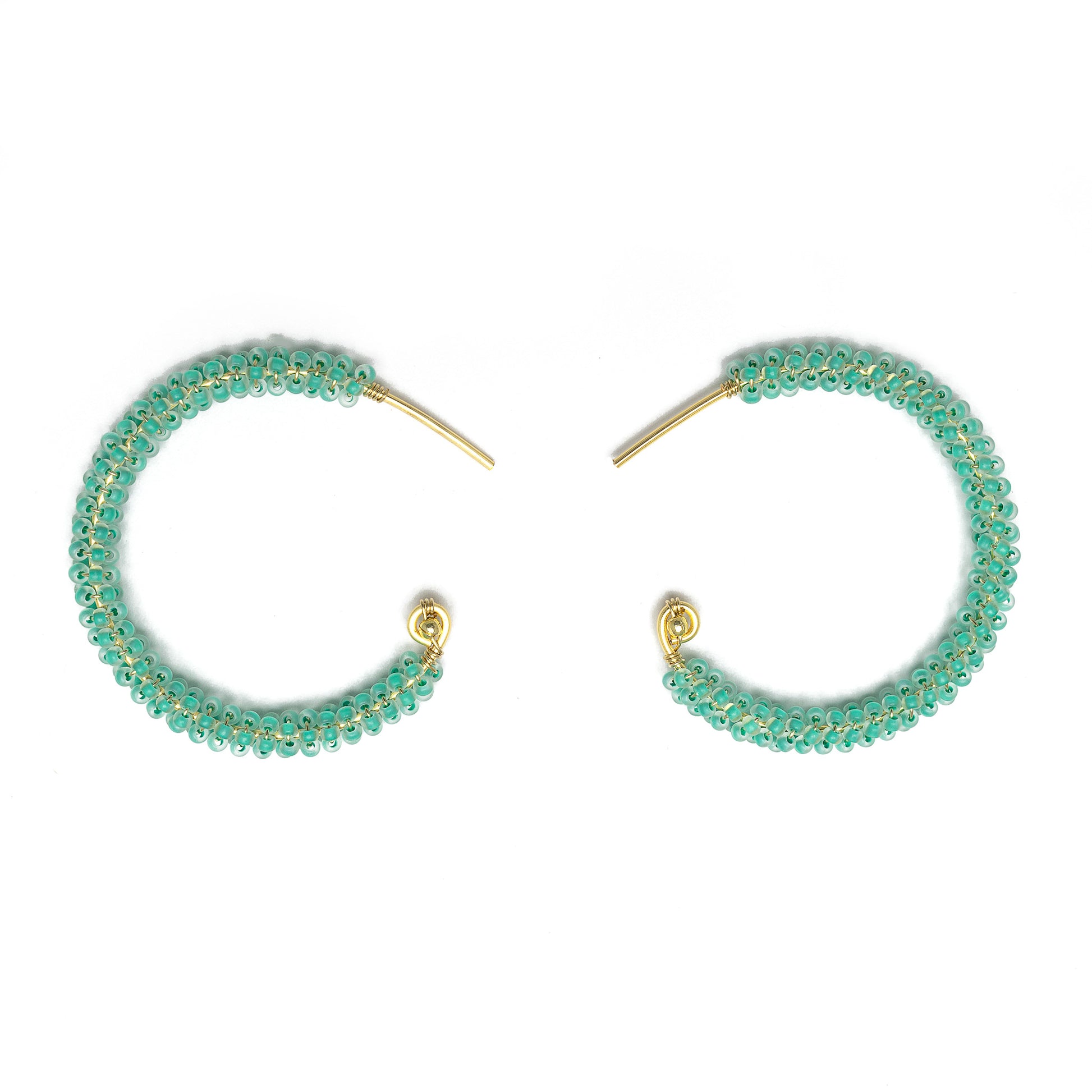 Florence gold Hoop Earrings are 1.5 inches long, Gold and Aqua Earrings. Wire Wrapped Earrings. Lightweight and comfortable earrings. Handmade for women. Open hoop earrings.