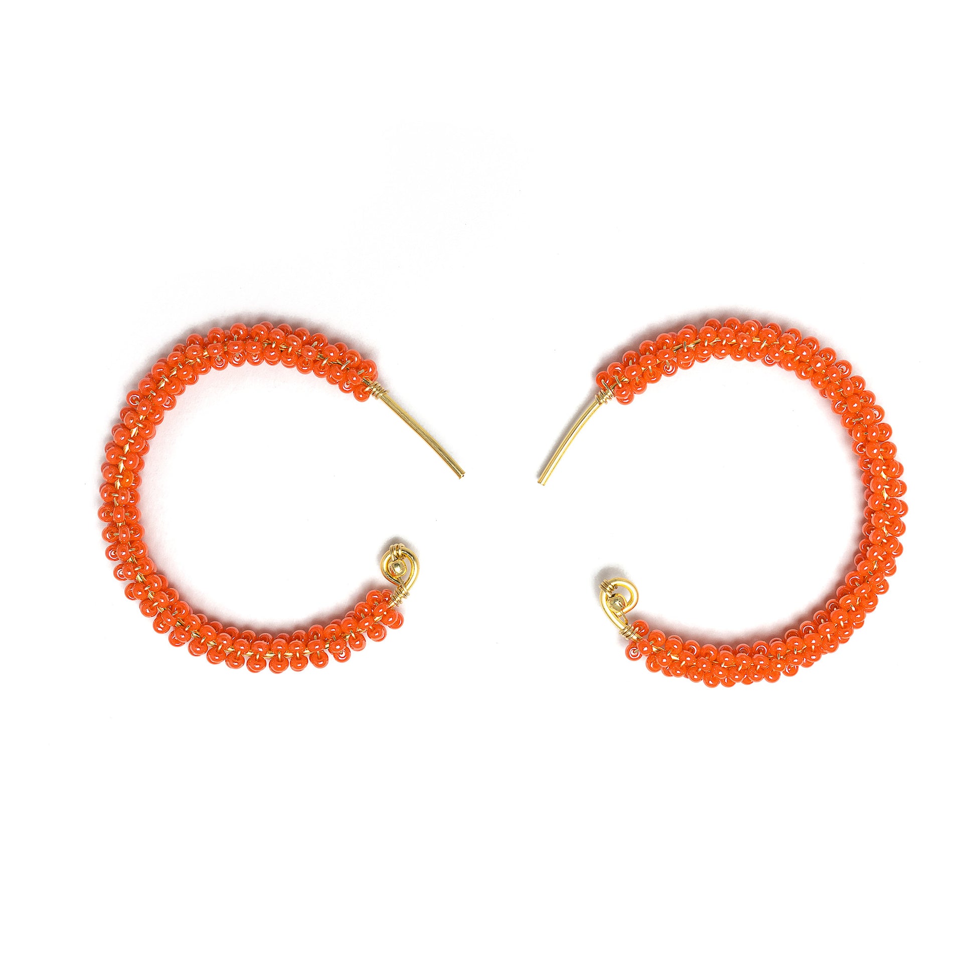 Florence gold Hoop Earrings are 1.5 inches long, Gold and Dark Orange Earrings. Wire Wrapped Earrings. Lightweight and comfortable earrings. Handmade for women. Open hoop earrings.