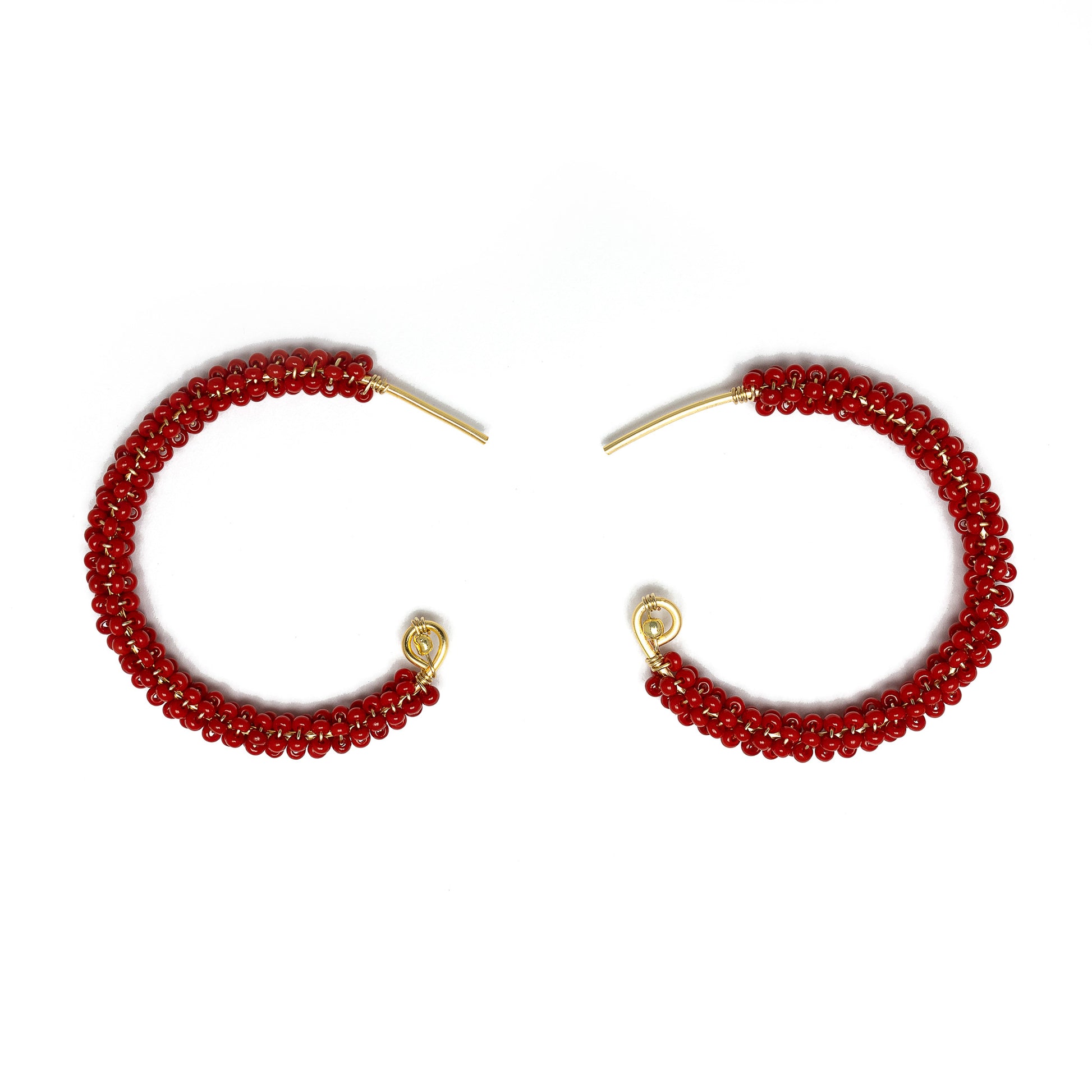 Florence gold Hoop Earrings are 1.5 inches long, Gold and Red Earrings. Wire Wrapped Earrings. Lightweight and comfortable earrings. Handmade for women. Open hoop earrings.