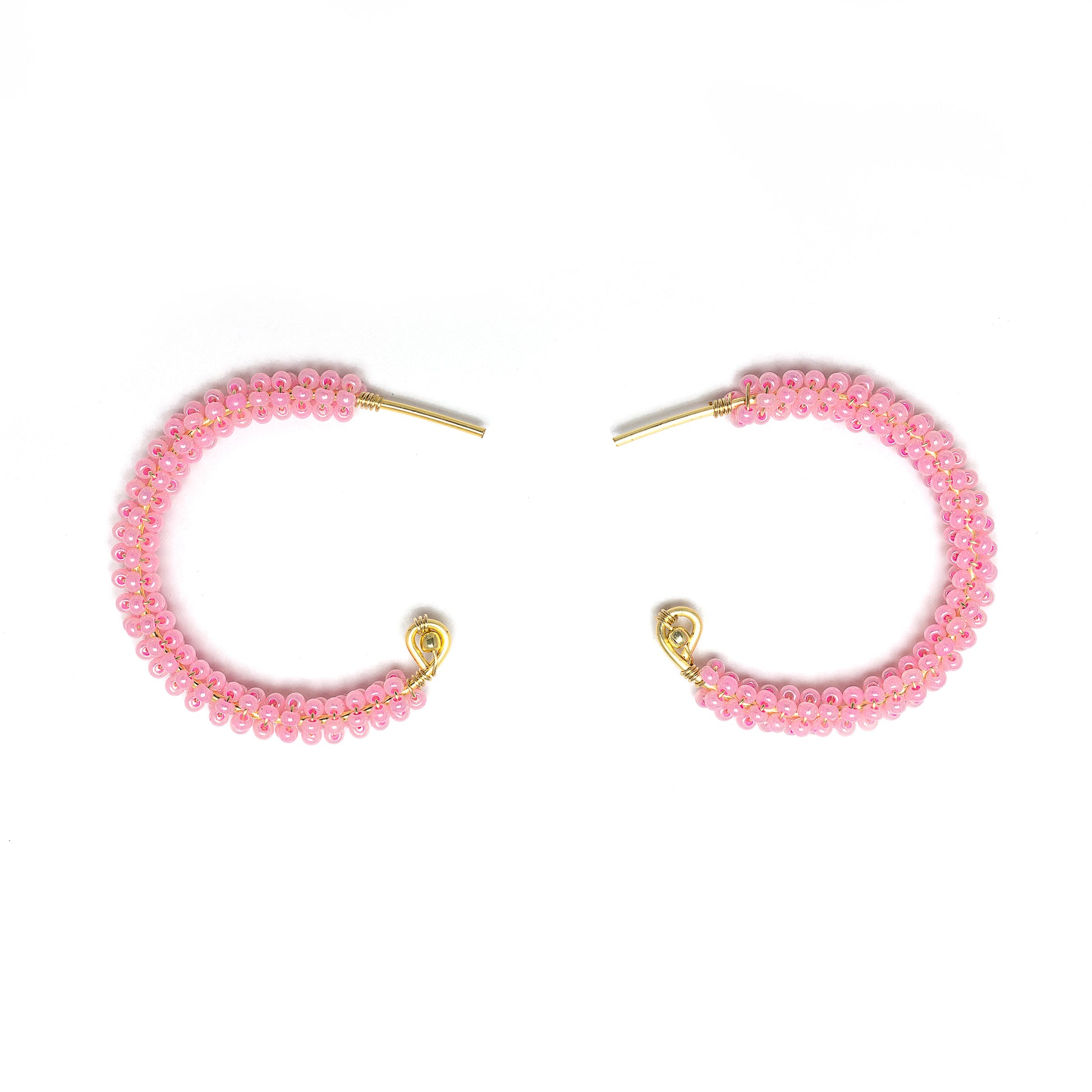 Florence gold Hoop Earrings are 1.5 inches long, Gold and Pink Earrings. Wire Wrapped Earrings. Lightweight and comfortable earrings. Handmade for women. Open hoop earrings.